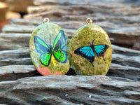 Polished Unakite Pendant with Hand Painted Butterfly - Sold Per Item - From South Africa