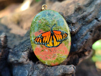 Polished Unakite Pendant with Hand Painted Butterfly - Sold Per Item - From South Africa