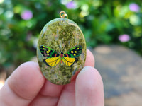 Polished Unakite Pendant with Hand Painted Butterfly - Sold Per Item - From South Africa