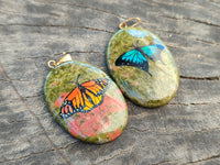 Polished Unakite Pendant with Hand Painted Butterfly - Sold Per Item - From South Africa