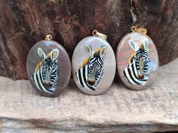 Polished Polychrome Jasper Pendant with Hand Painted Zebra - Sold Per Item - From Madagascar