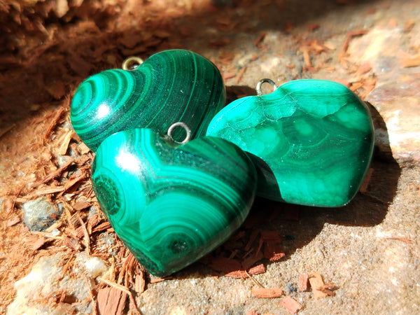 Hand Made Flower Banded Malachite Heart Pendants - Sold Per Item - From Congo