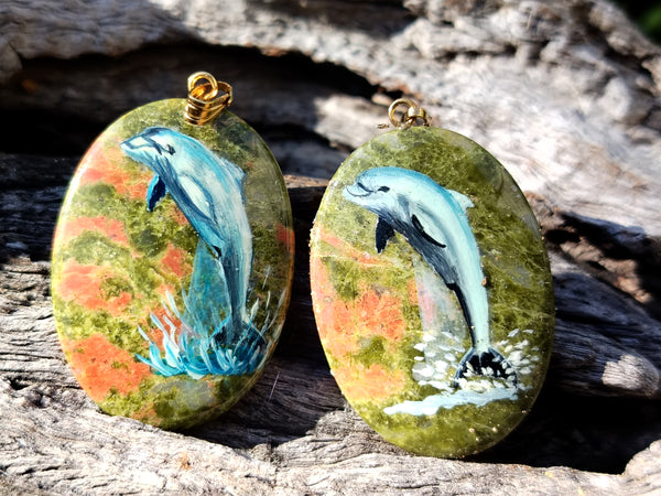 Polished Unakite Pendant with Hand Painted Dolphins - Sold Per Item - From South Africa