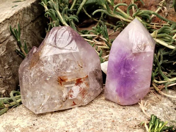 Polished Smokey Window Amethyst Quartz Crystals x 2 From Akansobe, Madagascar