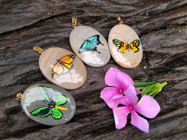 Polished Polychrome Jasper Pendant with Hand Painted Butterflies - sold per item - From Madagascar