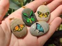 Polished Polychrome Jasper Pendant with Hand Painted Butterflies - sold per item - From Madagascar