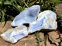 Natural Blue Lace Agate Geode Specimens x 3 From Malawi