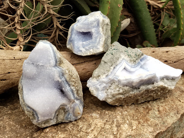 Natural Blue Lace Agate Geode Specimens x 3 From Malawi