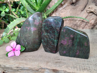 Polished Ruby Corundum In Chrome Verdite Standing Free Forms x 3 From Zimbabwe