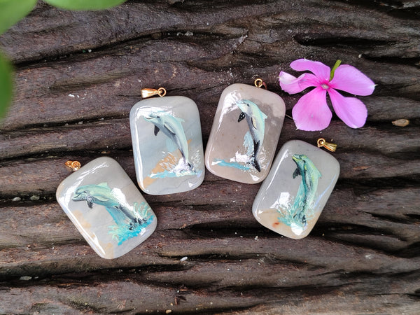 Polished Polychrome Jasper Pendant with Hand Painted Dolphin - sold per item - From Madagascar