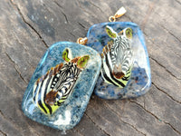 Polished Dumortierite Pendants with Hand Painted Zebras - sold per item - From Mozambique