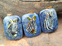 Polished Dumortierite Pendants with Hand Painted Zebras - sold per item - From Mozambique