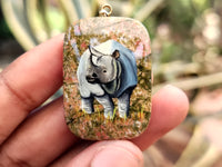 Polished Unakite Pendant with Hand Painted Rhino - Sold Per Item - From South Africa