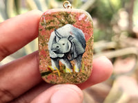 Polished Unakite Pendant with Hand Painted Rhino - Sold Per Item - From South Africa