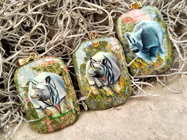 Polished Unakite Pendant with Hand Painted Rhino - Sold Per Item - From South Africa