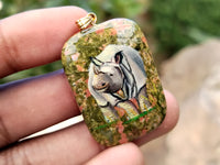 Polished Unakite Pendant with Hand Painted Rhino - Sold Per Item - From South Africa