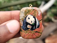 Polished Unakite Pendant with Hand Painted Panda - Sold Per Item - From South Africa