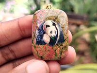 Polished Unakite Pendant with Hand Painted Panda - Sold Per Item - From South Africa