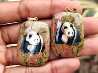 Polished Unakite Pendant with Hand Painted Panda - Sold Per Item - From South Africa