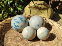 Polished Blue Spinel Spotted Quartz Spheres x 4 From Madagascar