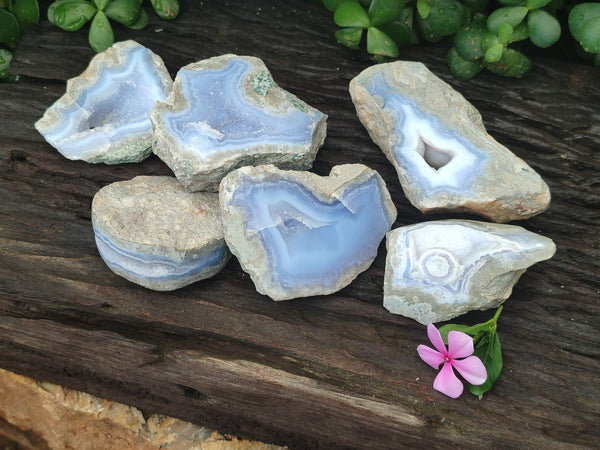 Polished On One Side Blue Lace Agate x 6 From Malawi