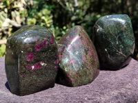 Polished Ruby Corundum In Chrome Verdite Standing Free Forms x 3 From Zimbabwe