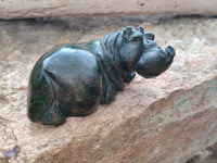 Hand Made Green Verdite Hippo Carvings x 2 From Zimbabwe