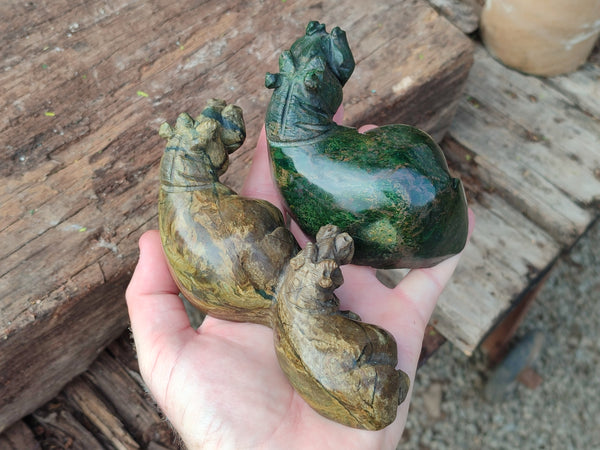 Hand Made Green Verdite Hippo Carvings x 2 From Zimbabwe