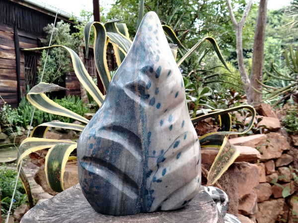 Polished Blue Spinel Spotted Quartz Flame Sculpture x 1 From Madagascar