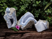 Natural Blue Lace Agate Geode Specimens x 3 From Malawi