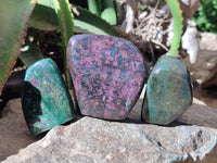 Polished Ruby Corundum In Chrome Verdite Standing Free Forms x 3 From Zimbabwe