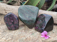 Polished Ruby Corundum In Chrome Verdite Standing Free Forms x 3 From Zimbabwe