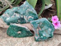 Polished On One Side Emerald Mtorolite Plates x 3 From Mutorashanga, Zimbabwe