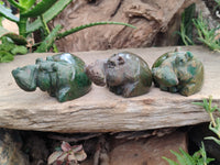 Hand Made Ruby Corundum In Chrome Verdite Carvings x 3 From Zimbabwe