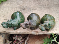 Hand Made Ruby Corundum In Chrome Verdite Carvings x 3 From Zimbabwe