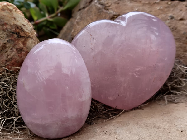 Polished Rose Quartz Heart and Standing Free Form x 2 From Ambatondrazaka, Madagascar