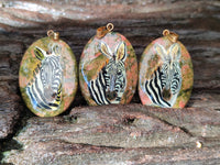 Polished Unakite Pendant with Hand Painted Zebra - Sold Per Item - From South Africa