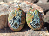 Polished Unakite Pendant with Hand Painted Zebra - Sold Per Item - From South Africa