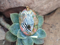 Polished Unakite Pendant with Hand Painted Zebra - Sold Per Item - From South Africa