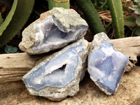 Natural Blue Lace Agate Geode Specimens x 3 From Nsanje, Malawi