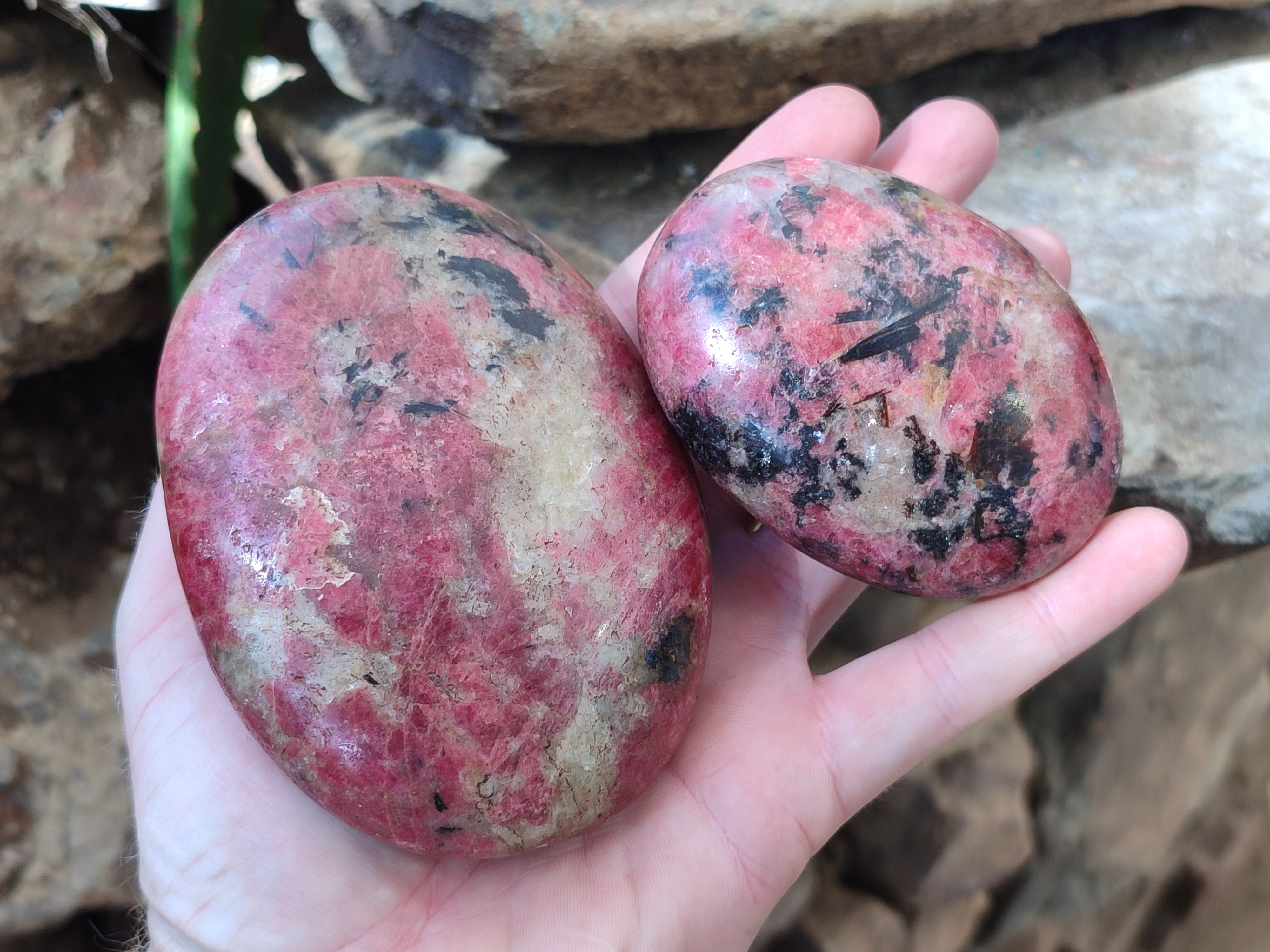 Polished Rhodonite Palm Stones x 3 From Zimbabwe