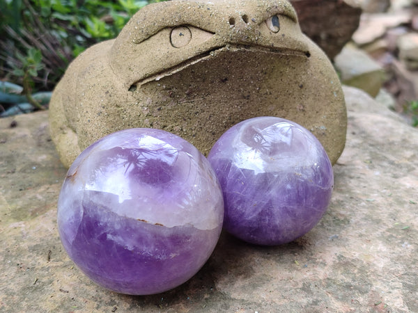 Polished Chevron Amethyst Sphears x 4 from Ankazobe, Madagascar