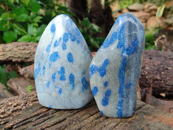 Polished Blue Spinel Spotted Quartz Standing Free Forms x 2 From Madagascar