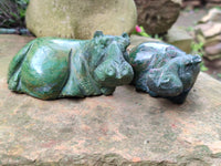 Hand Made Ruby Corundum In Chrome Verdite Hippo Carvings x 2 From Zimbabwe