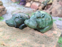 Hand Made Ruby Corundum In Chrome Verdite Hippo Carvings x 2 From Zimbabwe