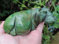 Hand Made Ruby Corundum In Chrome Verdite Hippo Carvings x 2 From Zimbabwe