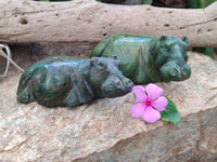 Hand Made Ruby Corundum In Chrome Verdite Hippo Carvings x 2 From Zimbabwe