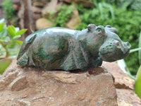 Hand Made Ruby Corundum In Chrome Verdite Hippo Carvings x 2 From Zimbabwe