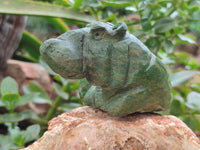 Hand Made Ruby Corundum In Chrome Verdite Hippo Carvings x 2 From Zimbabwe