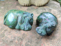 Hand Made Ruby Corundum In Chrome Verdite Hippo Carvings x 2 From Zimbabwe